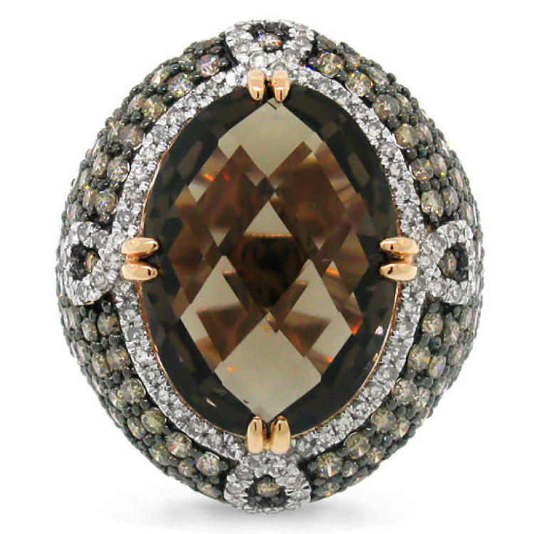 3.25ct White & Champagne Diamond & 11.60ct Smokey Topaz 14k Rose Gold Ring