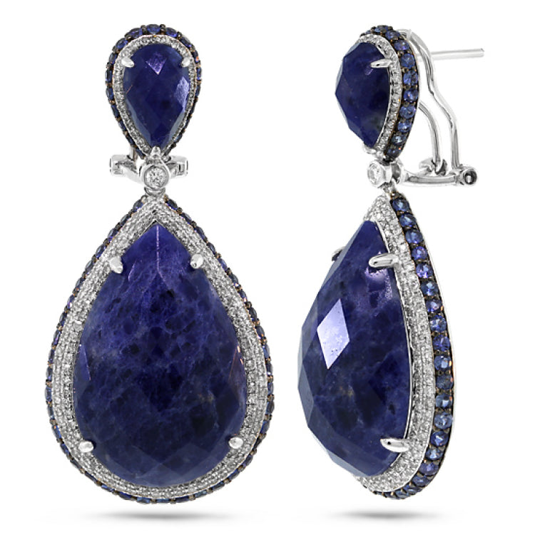 1.15ct Diamond & 37.56ct Sodalite & Blue Sapphire 14k White Gold Earring