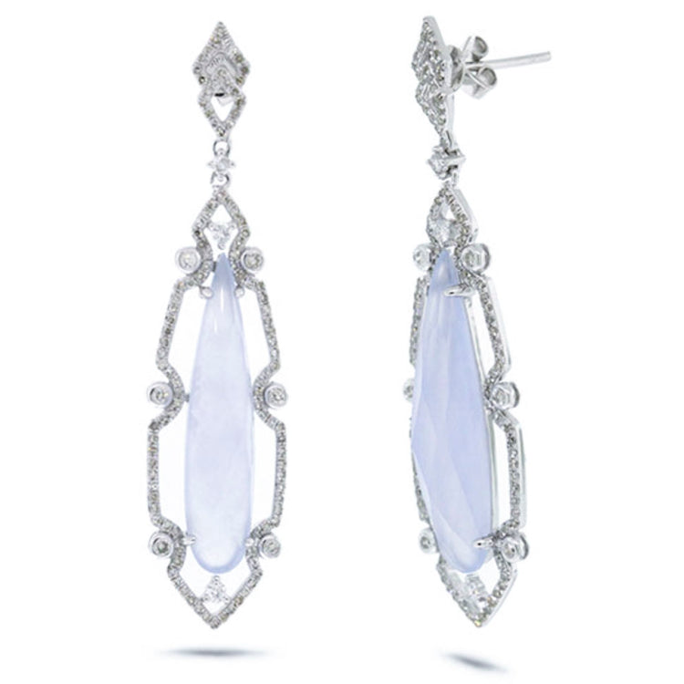 0.90ct Diamond & 9.92ct Blue Chalcedony 14k White Gold Earring