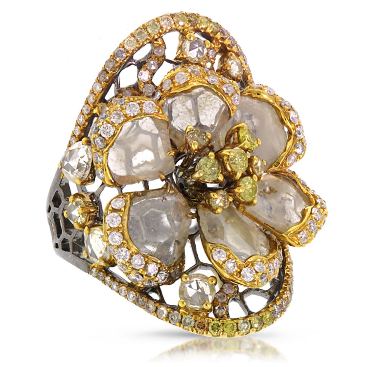 3.76ct 18k Black Rhodium Gold Fancy Color Diamond Flower Ring
