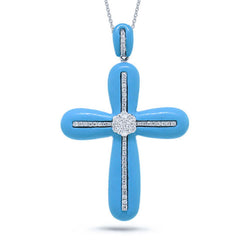 0.37ct 14k White Gold Diamond & Composite Turquoise Cross Necklace