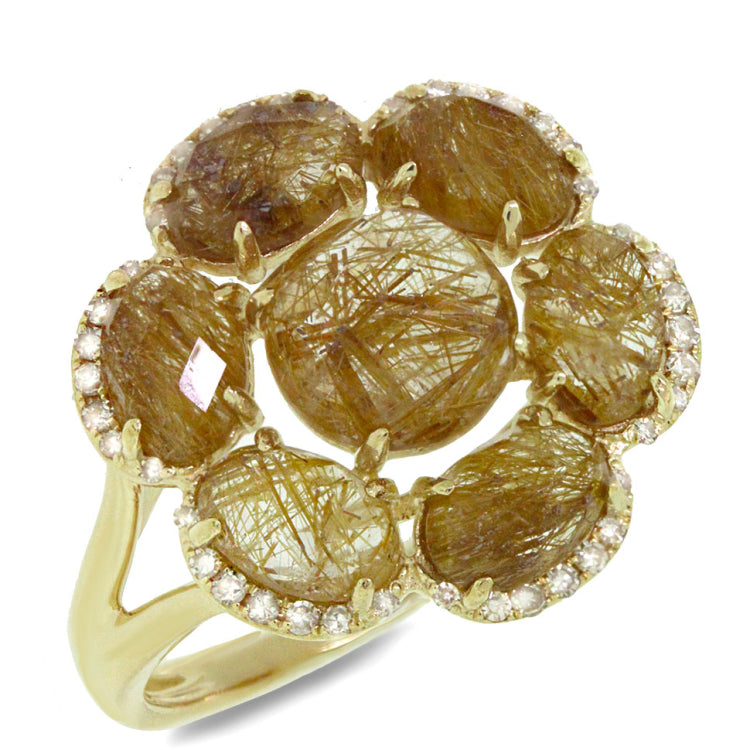 0.14ct Diamond & 4.02ct Golden Line Quartz 14k Yellow Gold Ring