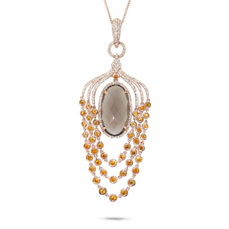 0.80ct Diamond & 10.89ct Smokey Topaz & Yellow Sapphire 14k Rose Gold Pendant