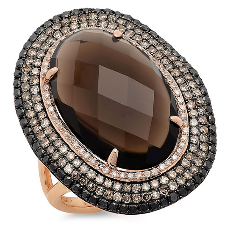 1.32ct White, Champagne & Black Diamond & 12.05ct Smokey Topaz 14k Rose Gold Ring
