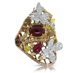3.62ct 18k Two-tone Rose Gold White & Fancy Color Diamond & 3.46ct Ruby Ring
