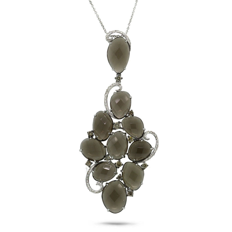 0.72ct White & Champagne Diamond & 23.30ct Smokey Topaz 14k White Gold Pendant