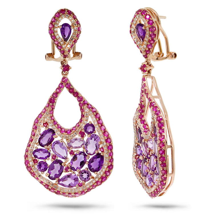 0.80ct Diamond & 6.84ct Amethyst & Pink Sapphire 14k Rose Gold Earring