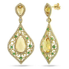 0.96ct Diamond & 5.62ct Citrine & 0.41ct Green Garnet 14k Yellow Gold Earring