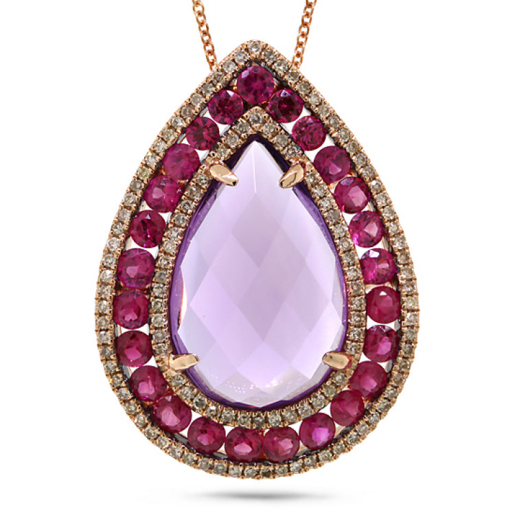 0.49ct Diamond & 11.40ct Amethyst & Pink Sapphire 14k Rose Gold Pendant