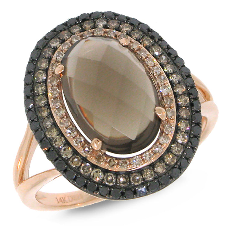 0.60ct White, Champagne & Black Diamond & 2.93ct Smokey Topaz 14k Rose Gold Ring