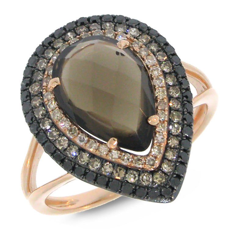 0.58ct White, Champagne & Black Diamond & 2.76ct Smokey Topaz 14k Rose Gold Ring