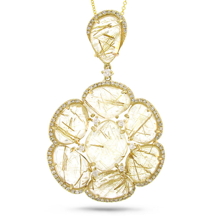 0.48ct Diamond & 16.33ct Golden Line Quartz 14k Yellow Gold Pendant