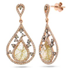 0.93ct White & Champagne Diamond & 3.26ct Golden Line Quartz 14k Rose Gold Earring