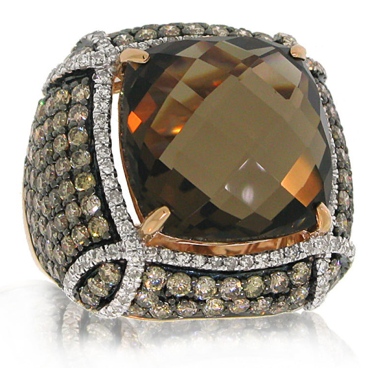 3.51ct White & Champagne Diamond & 14.56ct Smokey Topaz 14k Rose Gold Ring