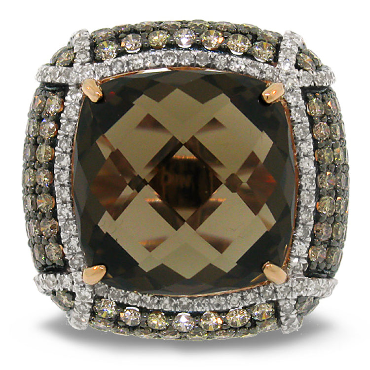 3.51ct White & Champagne Diamond & 14.56ct Smokey Topaz 14k Rose Gold Ring