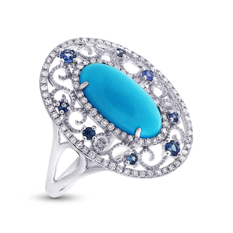 0.37ct Diamond & 2.96ct Composite Turquoise & 0.25ct Blue Sapphire 14k White Gold Ring