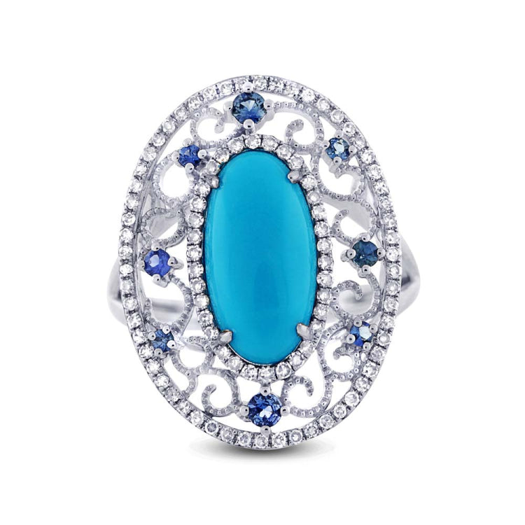 0.37ct Diamond & 2.96ct Composite Turquoise & 0.25ct Blue Sapphire 14k White Gold Ring