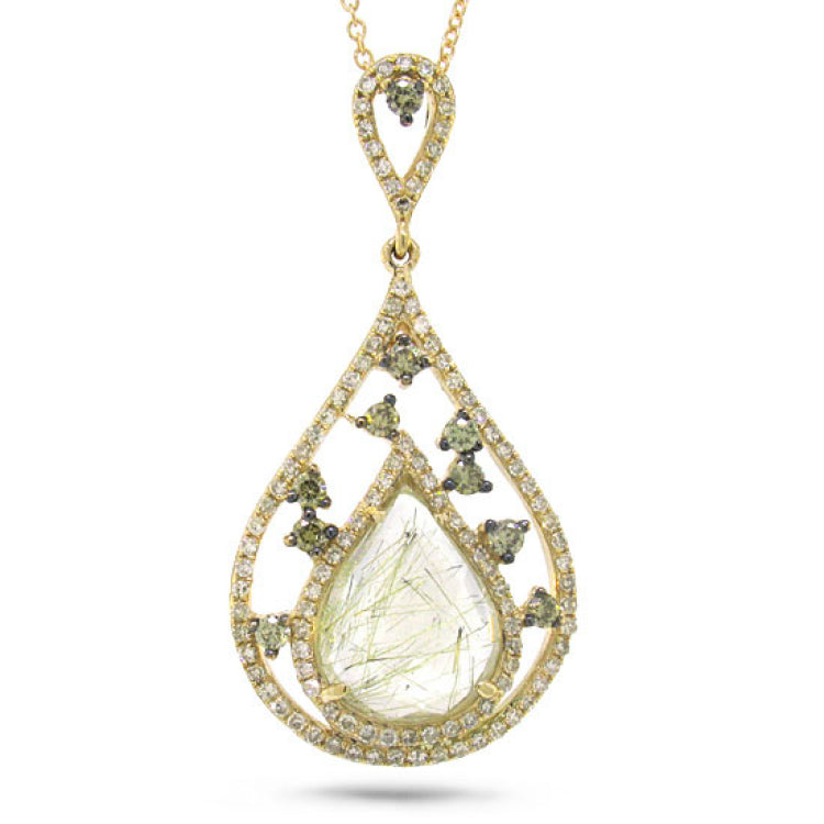 0.55ct White & Champagne Diamond & 2.42ct Golden Line Quartz 14k Yellow Gold Pendant