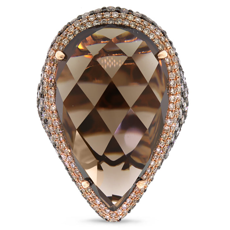 4.18ct White & Champagne Diamond & 27.13ct Smokey Topaz 14k Rose Gold Ring