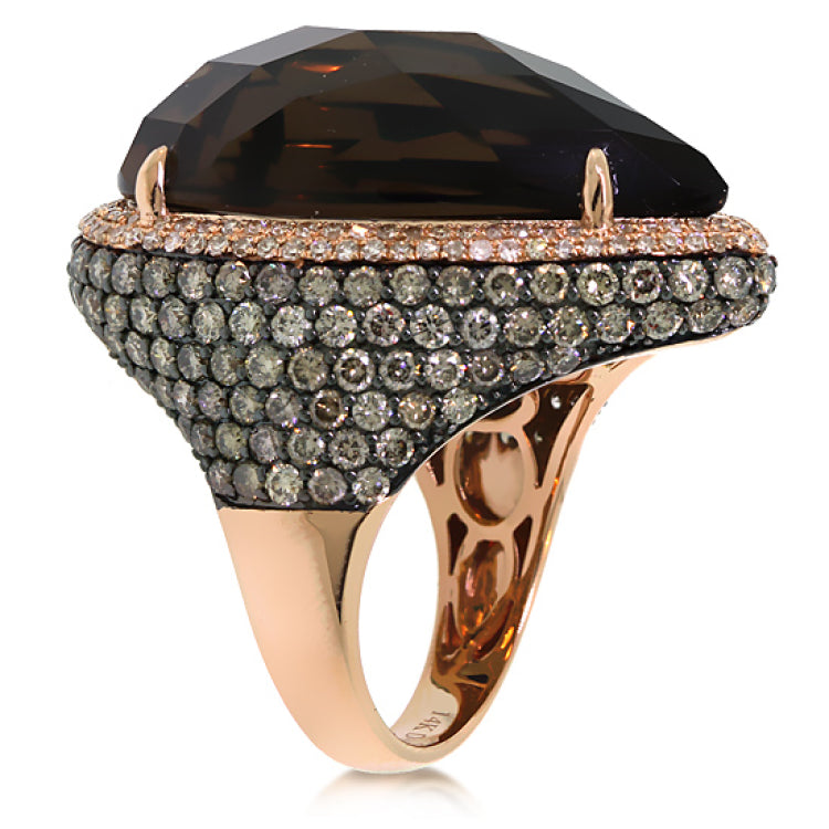 4.18ct White & Champagne Diamond & 27.13ct Smokey Topaz 14k Rose Gold Ring