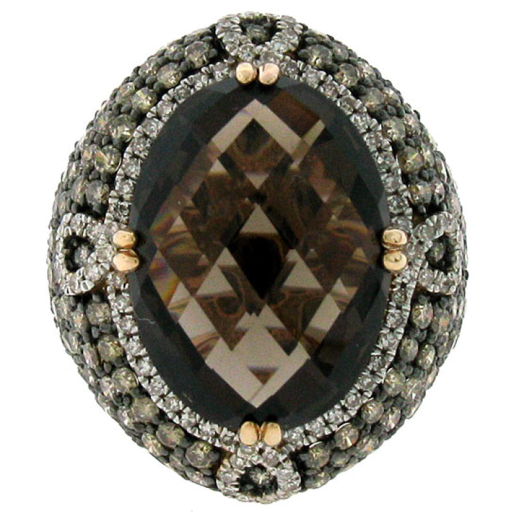 3.25ct White & Champagne Diamond & 11.60ct Smokey Topaz 14k Rose Gold Ring Sz 10