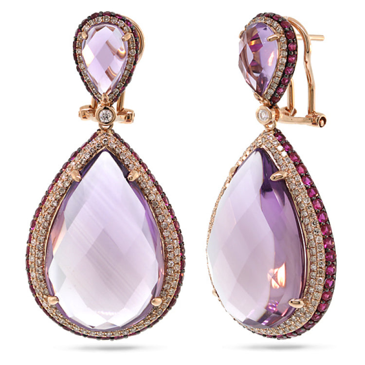 1.15ct Diamond & 41.99ct Amethyst & Pink Sapphire 14k Rose Gold Earring
