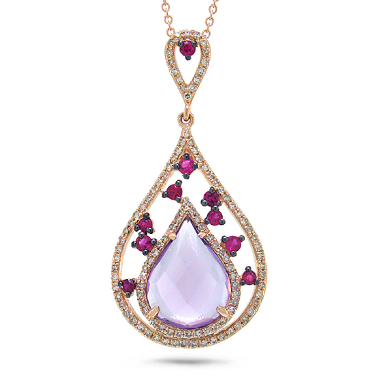 0.34ct Diamond & 2.62ct Amethyst & Pink Sapphire 14k Rose Gold Pendant