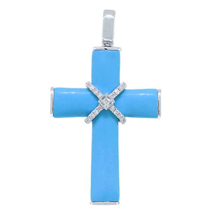 0.09ct 14k White Gold Diamond & Composite Turquoise Cross Necklace