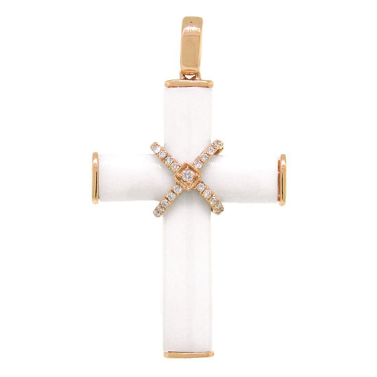 0.09ct 14k Rose Gold Diamond & White Agate Cross Necklace