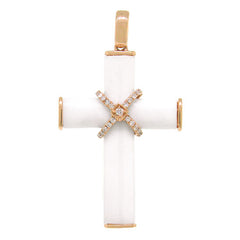 0.09ct 14k Rose Gold Diamond & White Agate Cross Necklace
