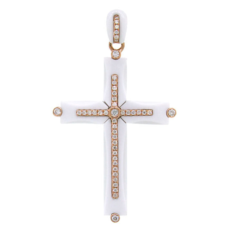 0.28ct 14k Rose Gold Diamond & White Agate Cross Necklace