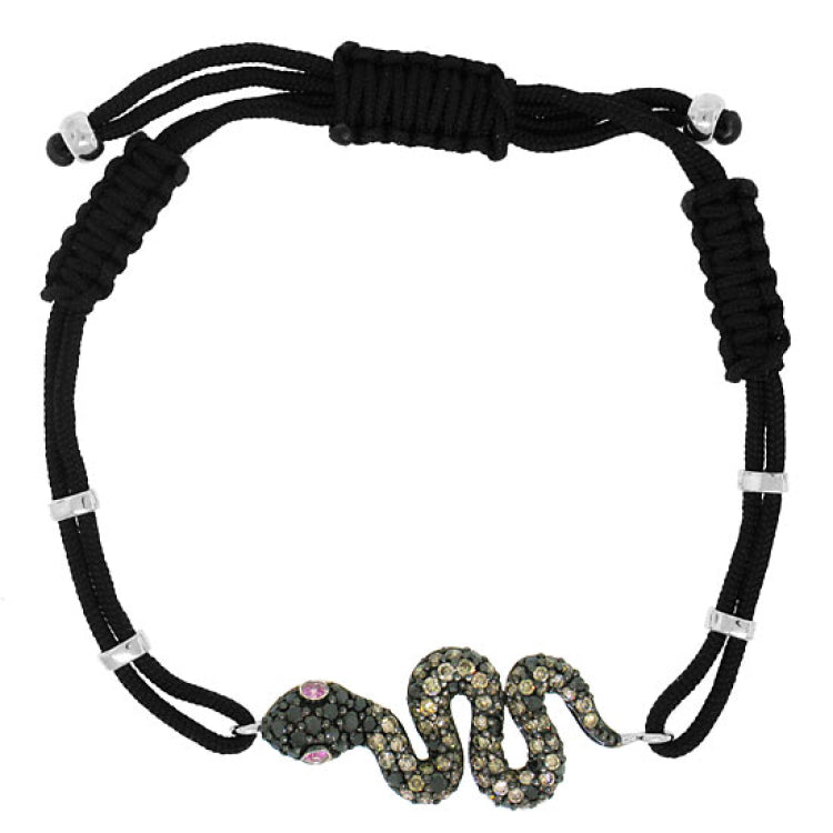1.25ct Black & Champagne Diamond & 0.06ct Diffused Pink Sapphire 14k White Gold Snake Bracelet