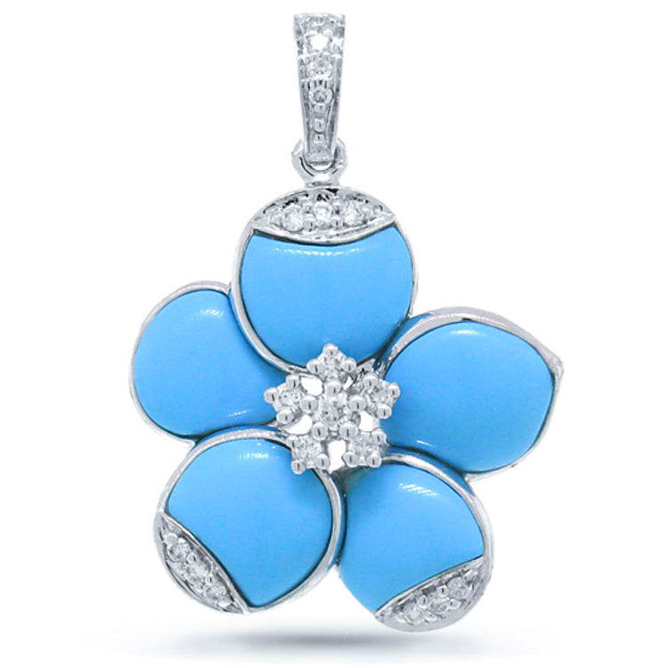 0.15ct 14k White Gold Diamond & Composite Turquoise Flower Pendant