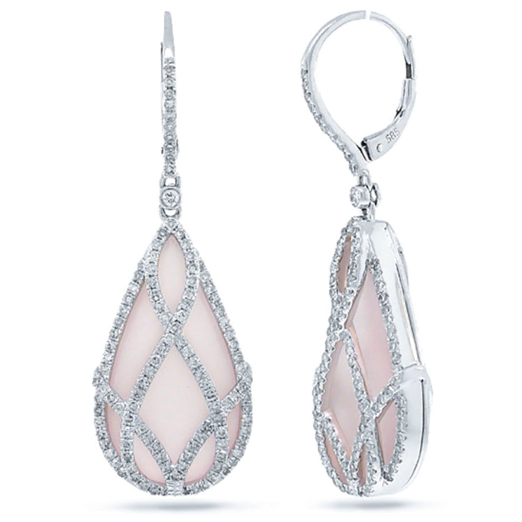 1.31ct Diamond & 23.52ct Rose Quartz 14k White Gold Earring