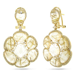 0.84ct Diamond & 27.32ct Golden Line Quartz 14k Yellow Gold Earring