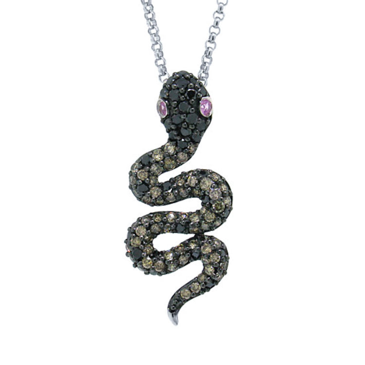1.26ct Black & Champagne Diamond & 0.06ct Pink Sapphire 14k White Gold Snake Pendant