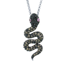 1.26ct Black & Champagne Diamond & 0.06ct Pink Sapphire 14k White Gold Snake Pendant