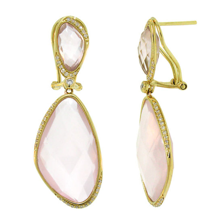 0.30ct Diamond & 29.07ct Rose Quartz 14k Yellow Gold Earring
