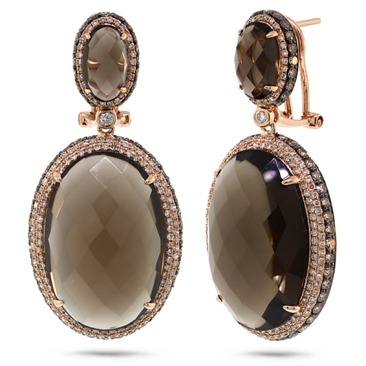 3.33ct White & Champagne Diamond & 41.42ct Smokey Topaz 14k Rose Gold Earring