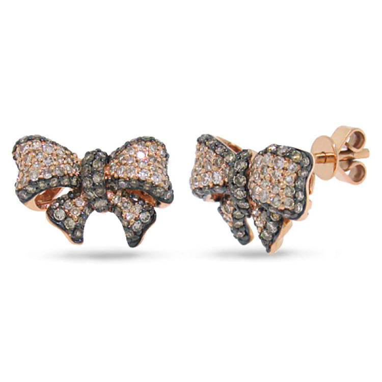 0.90ct 14k Rose Gold White & Champagne Diamond Ribbon Bow Stud Earring