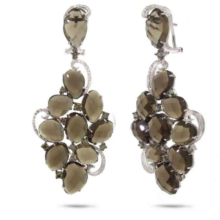 1.27ct White & Champagne Diamond & 39.77ct Smokey Topaz 14k White Gold Earring