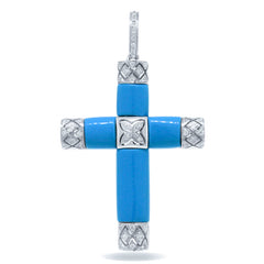 0.19ct 14k White Gold Diamond & Composite Turquoise Cross Necklace
