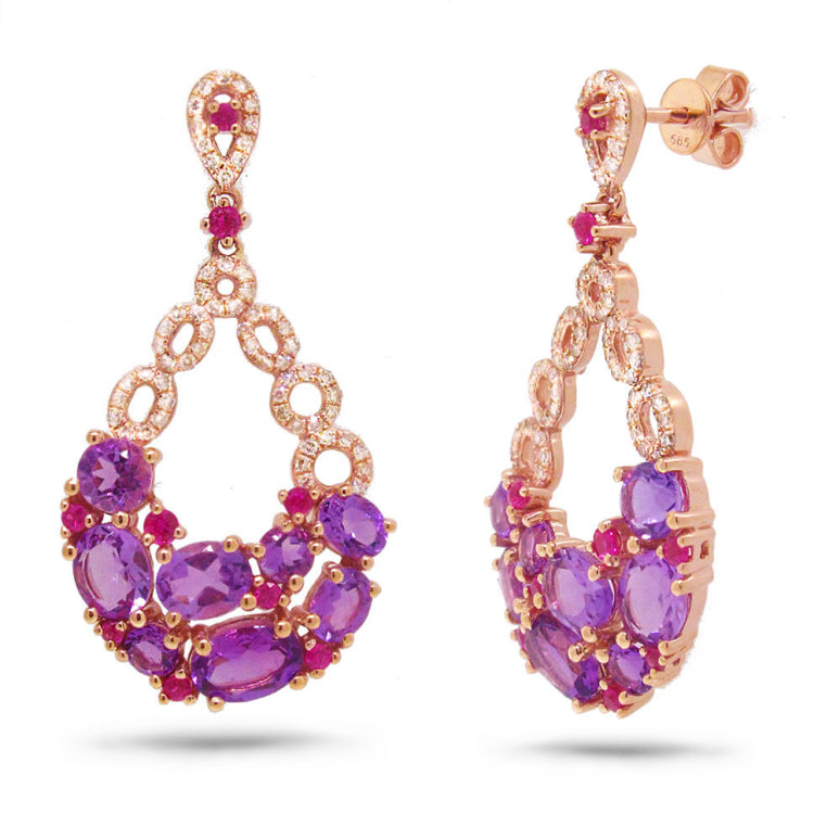 0.39ct Diamond & 3.88ct Amethyst & Pink Sapphire 14k Rose Gold Earring