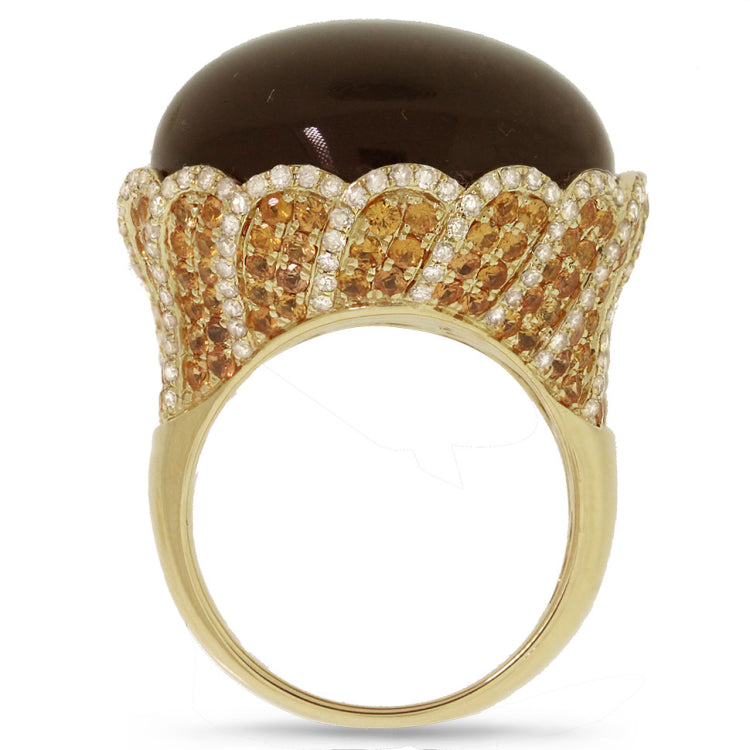 0.86ct Diamond & 39.75ct Smokey Topaz & Yellow Sapphire 14k Yellow Gold Ring