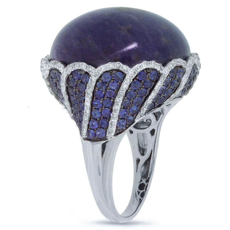 0.86ct Diamond & 37.41ct Sodalite & Blue Sapphire 14k White Gold Ring