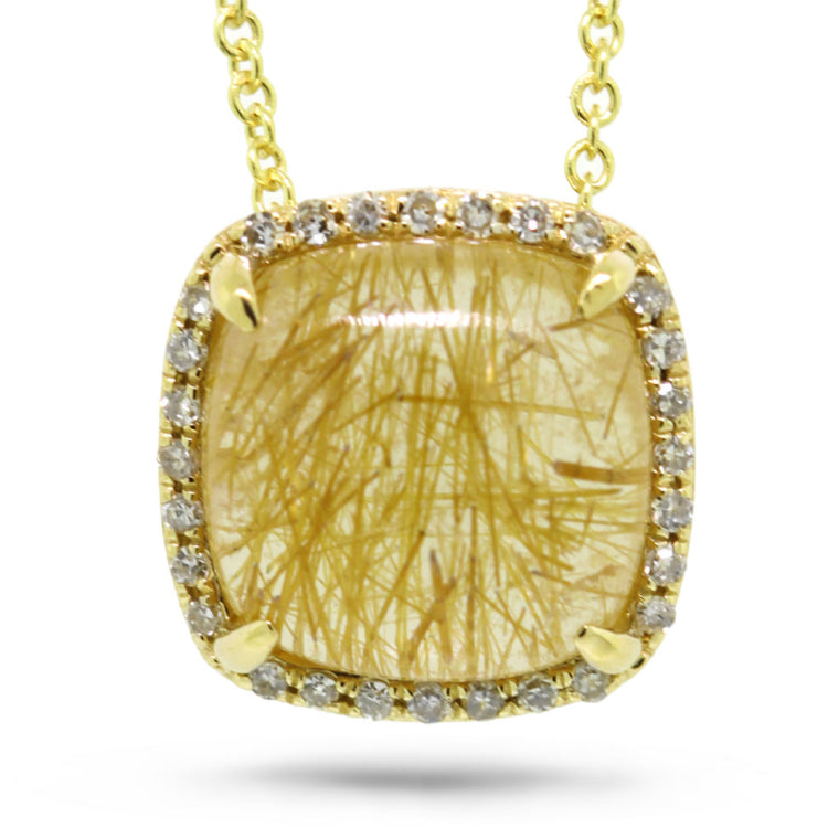 0.09ct Diamond & 3.21ct Golden Line Quartz 14k Yellow Gold Pendant