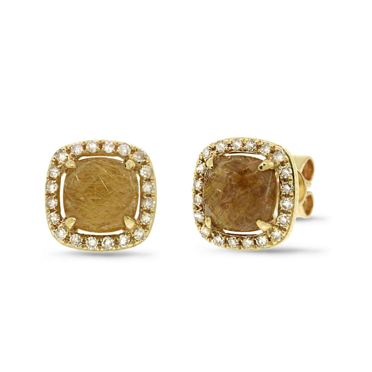 0.21ct Diamond & 1.86ct Golden Line Quartz 14k Yellow Gold Earring