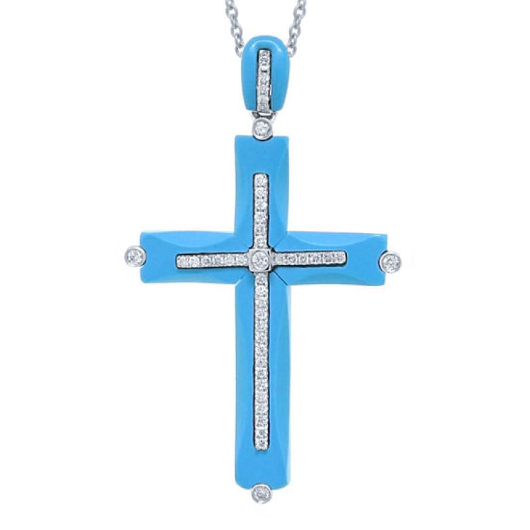 0.28ct 14k White Gold Diamond & Composite Turquoise Cross Necklace