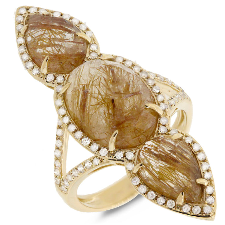 0.56ct Diamond & 9.33ct Golden Line Quartz 14k Yellow Gold Ring