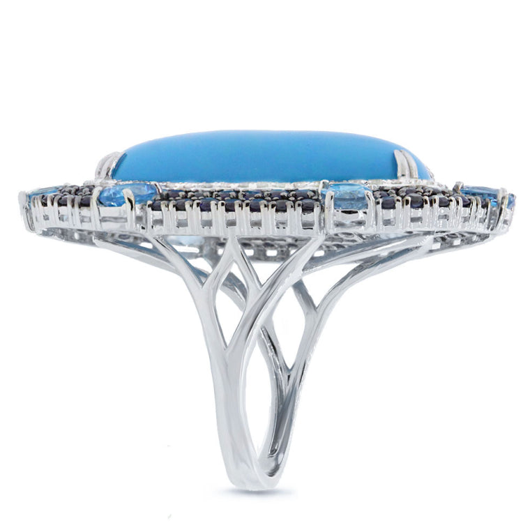 0.32ct Diamond & 15.73ct Composite Turquoise, Blue Sapphire & Blue Topaz 14k White Gold Ring